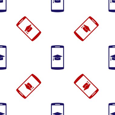 Ekran akıllı telefon simgesinde mavi ve kırmızı mezuniyet başlığı beyaz arkaplanda izole edilmiş kusursuz desen. Çevrimiçi öğrenme ya da e-öğrenme kavramı. Vektör İllüstrasyonu