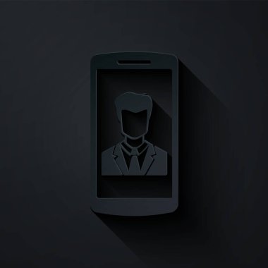 Kağıt kesiği Smartphone ile ekrandaki kontak simgesi siyah arkaplanda izole edildi. Gelen arama. Telefon ekranında insan var. Bağlantı kur. Kağıt sanatı tarzı. Vektör İllüstrasyonu