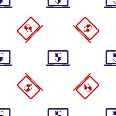 Mavi ve kırmızı dizüstü bilgisayar, beyaz arka planda izole edilmiş ikon kalkanla korunuyor. İnternet güvenliği. Bilgisayar güvenliği, güvenlik duvarı teknolojisi, özel güvenlik. Vektör İllüstrasyonu