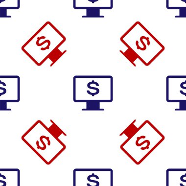 Dolar simgesine sahip mavi ve kırmızı bilgisayar monitörü beyaz arkaplandaki kusursuz deseni izole etti. İnternet finansal güvenlik konsepti, çevrimiçi finans koruması. Vektör İllüstrasyonu