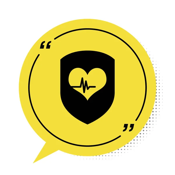 Zwart schild en hartslagpictogram geïsoleerd op witte achtergrond. Gezondheidsbescherming. Gezondheidszorg. Gele spraakbel symbool. Vector Illustratie — Stockvector