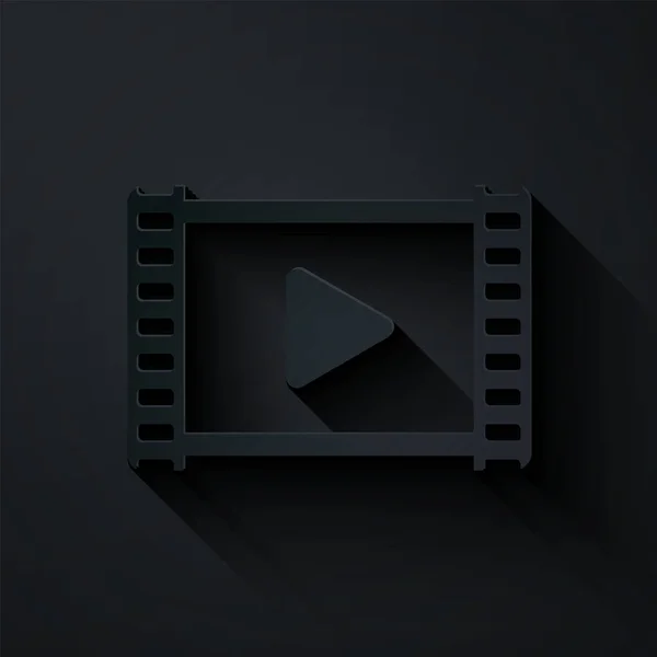Papierschnitt spielt Video-Symbol isoliert auf schwarzem Hintergrund ab. Filmstreifen mit Spielzeichen. Papierkunst. Vektorillustration — Stockvektor