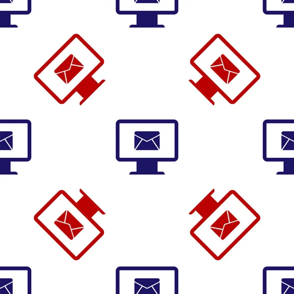 Monitor e envelope azul e vermelho, nova mensagem, e-mail, ícone de e-mail isolado padrão sem costura no fundo branco. Uso para boletins informativos de e-mail, cabeçalhos, posts de blog. Ilustração vetorial — Vetor de Stock