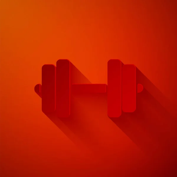 Paper cut Dumbbell icon isolated on red background. Muscle lifting icon, fitness barbell, gym icon, sports equipment symbol, exercise bumbbell. Paper art style. Vector Illustration — ストックベクタ