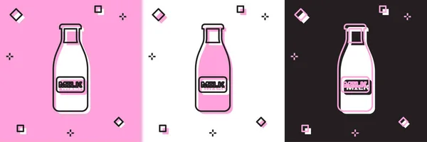 Set Bouteille en verre fermé avec icône lait et bouchon isolé sur fond rose et blanc, noir. Illustration vectorielle — Image vectorielle