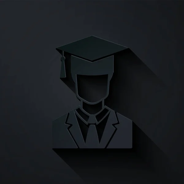 Coupe de papier Profil d'étudiant diplômé masculin avec robe et icône de chapeau de graduation isolé sur fond noir. Style art du papier. Illustration vectorielle — Image vectorielle