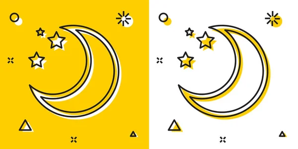 黑色月亮和星星图标隔离在黄色和白色背景上。随机动态形状。矢量插图 — 图库矢量图片
