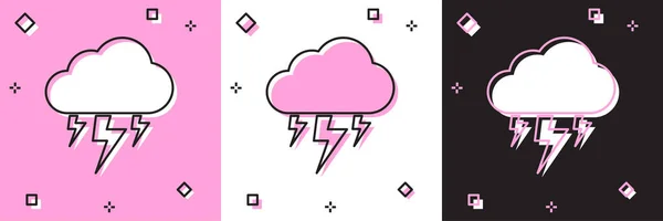 Sturmsymbol isoliert auf rosa und weißen, schwarzen Hintergrund gesetzt. Wolke und Blitz. Wetter-Ikone Sturm. Vektorillustration — Stockvektor