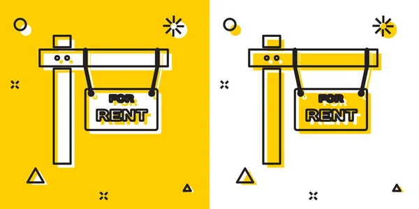 Svart hängande skylt med text Uthyres ikon isolerad på gul och vit bakgrund. Skylt med text Uthyres. Slumpmässiga dynamiska former. Vektor Illustration — Stock vektor