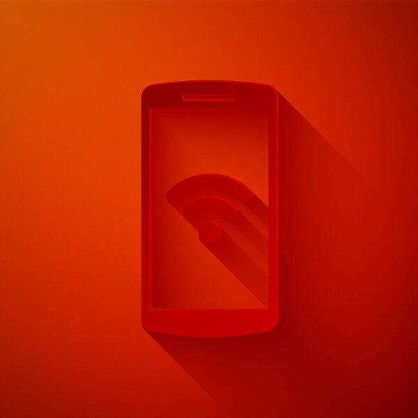 Paper cut Smartphone with free wi-fi wireless connection icon isolated on red background. Wireless technology, wireless network, hotspot concepts. Paper art style. Vector Illustration