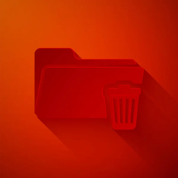 Corte de papel Excluir ícone de pasta isolado no fundo vermelho. Pasta com lixeira. Excluir ou pasta de erro. Feche a pasta de informações do computador. Estilo de arte de papel. Ilustração vetorial — Vetor de Stock