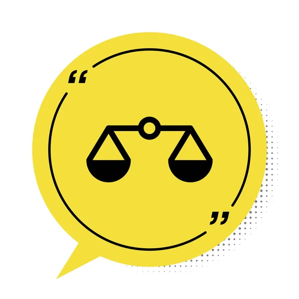 Чорна шкала ікони справедливості ізольована на білому тлі. Символ суду. Знак балансу. Жовтий символ бульбашки мови. Векторний приклад — стоковий вектор