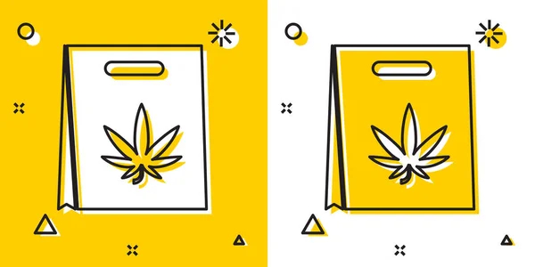 Saco de papel preto de compras de maconha medicinal ou ícone de folha de cannabis isolado em fundo amarelo e branco. Comprar cannabis. Símbolo de cânhamo. Formas dinâmicas aleatórias. Ilustração vetorial — Vetor de Stock