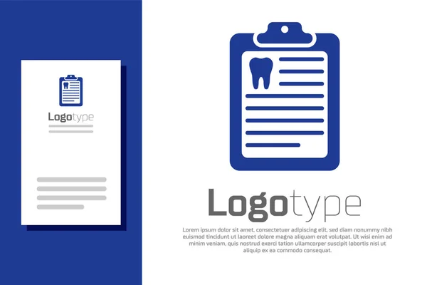 Modrá schránka s ikonou Zubní karta nebo lékařské záznamy pacienta izolované na bílém pozadí. Zubní pojištění. Zpráva ze zubní kliniky. Prvek šablony návrhu loga. Vektorová ilustrace — Stockový vektor