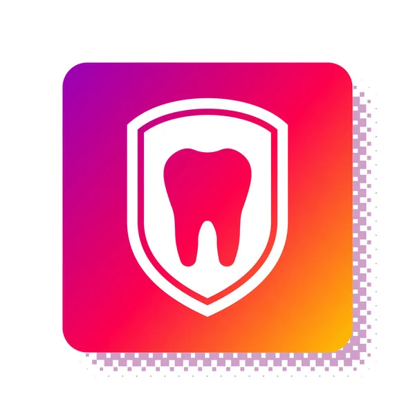 Bílá ikona dentální ochrany izolovaná na bílém pozadí. Zub na ikoně štítového loga. Tlačítko čtvercové barvy. Vektorová ilustrace — Stockový vektor