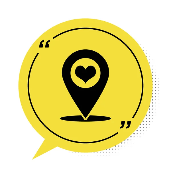 Schwarzer Kartenzeiger mit Herz-Symbol auf weißem Hintergrund. gelbes Sprechblasensymbol. Vektorillustration — Stockvektor
