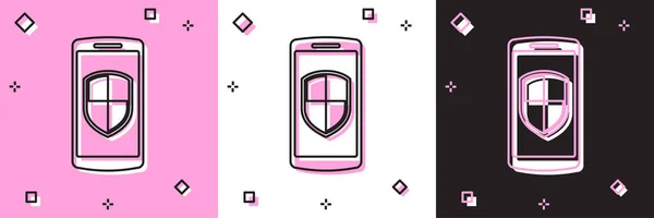 Set Smartphone, mobile phone with security shield icon isolated on pink and white, black background. Vector Illustration — Stock Vector