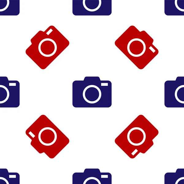 Azul y rojo Icono de la cámara de fotos aislado patrón sin costuras sobre fondo blanco. Icono de cámara fotográfica. Ilustración vectorial — Vector de stock