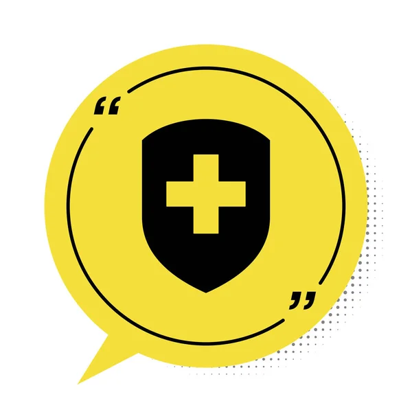 Escudo médico negro con icono de cruz aislado sobre fondo blanco. Protección, seguridad, seguridad con contraseña. Símbolo amarillo de burbuja. Ilustración vectorial — Vector de stock