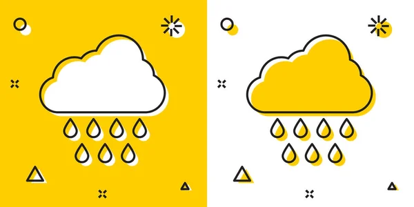 Nuvem preta com ícone de chuva isolado em fundo amarelo e branco. Precipitação de nuvens de chuva com gotas de chuva. Formas dinâmicas aleatórias. Ilustração vetorial —  Vetores de Stock