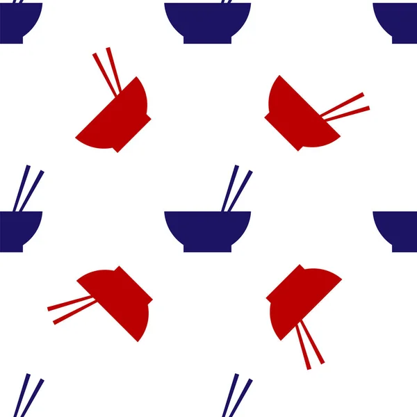 Tigela azul e vermelho com comida asiática e par de pauzinhos ícone silhueta isolado padrão sem costura no fundo branco. Conceito de preparar, dieta oriental. Ilustração vetorial —  Vetores de Stock