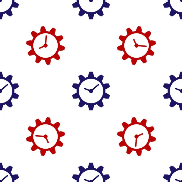 Icono de gestión del tiempo azul y rojo aislado patrón sin costuras sobre fondo blanco. Señal de reloj y engranaje. Ilustración vectorial — Archivo Imágenes Vectoriales
