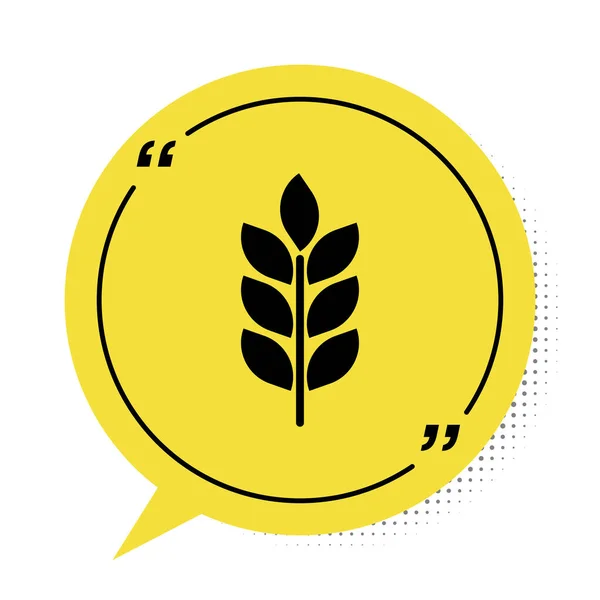 Céréales noires serties de riz, blé, maïs, avoine, seigle, orge icône isolée sur fond blanc. Oreilles de pain de blé symboles. Agriculture blé. Symbole de bulle de parole jaune. Illustration vectorielle — Image vectorielle