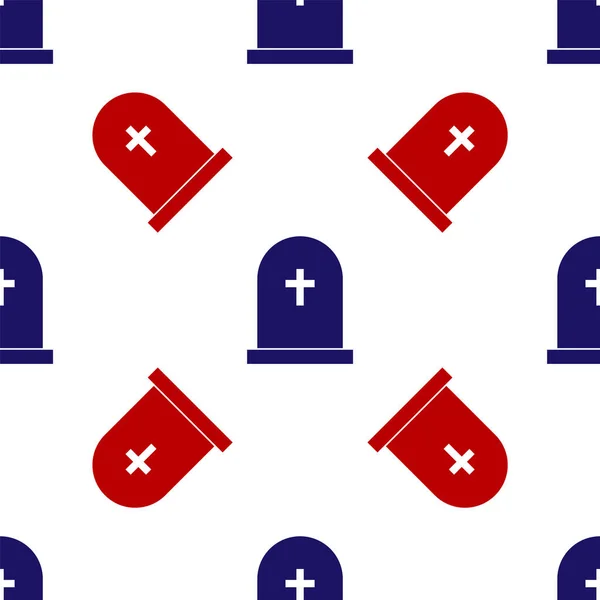 Tombstone blu e rosso con icona a croce isolato modello senza cuciture su sfondo bianco. Icona della tomba. Illustrazione vettoriale — Vettoriale Stock