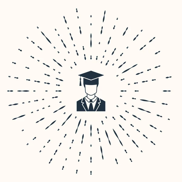 Gris Perfil de estudiante graduado masculino con vestido y el icono de la gorra de graduación aislado sobre fondo beige. Puntos aleatorios de círculo abstracto. Ilustración vectorial — Archivo Imágenes Vectoriales