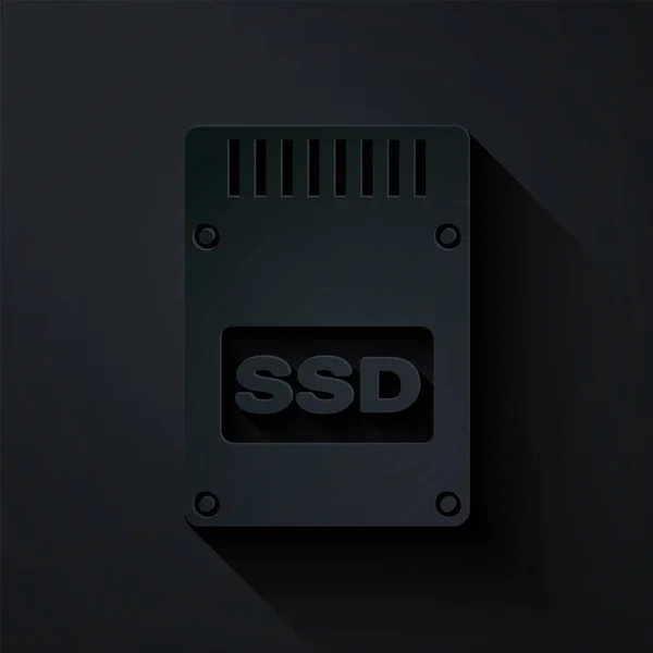 Icono de tarjeta SSD de corte de papel aislado sobre fondo negro. Señal de estado sólido. Símbolo disco de almacenamiento. Estilo de arte de papel. Ilustración vectorial — Archivo Imágenes Vectoriales