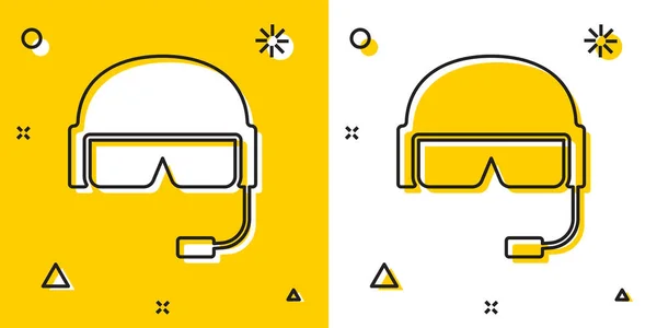 Icono del casco militar negro aislado sobre fondo amarillo y blanco. Sombrero del ejército símbolo de defensa y protección. Sombrero protector. Formas dinámicas aleatorias. Ilustración vectorial — Archivo Imágenes Vectoriales