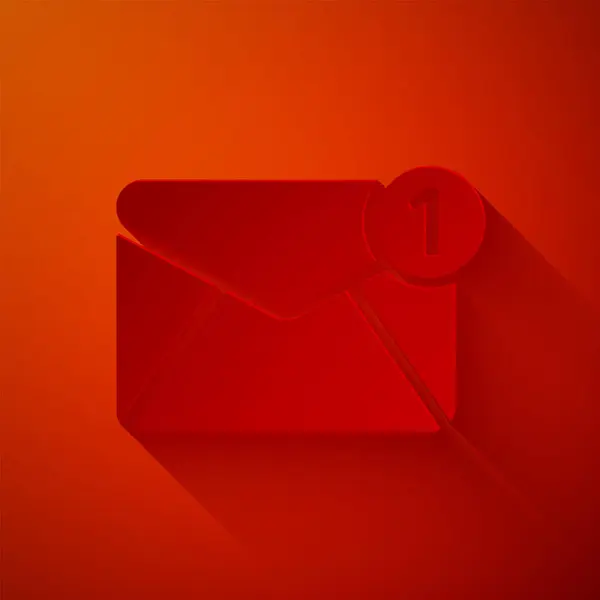 Papier gesneden Envelop pictogram geïsoleerd op rode achtergrond. Ontvangen bericht concept. Nieuw, e-mail inkomend bericht, sms. Postbezorging. Papierkunst stijl. Vector Illustratie — Stockvector