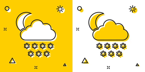 Nuvem Negra com ícone de neve e lua isolado em fundo amarelo e branco. Nuvem com flocos de neve. Ícone meteorológico único. Sinal de nevar. Formas dinâmicas aleatórias. Ilustração vetorial — Vetor de Stock