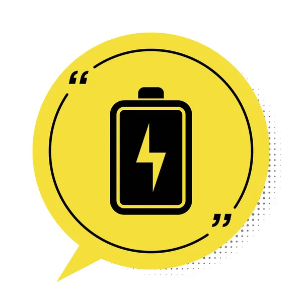 Black Battery icon isolated on white background. Lightning bolt symbol. Yellow speech bubble symbol. Vector Illustration — Stock Vector