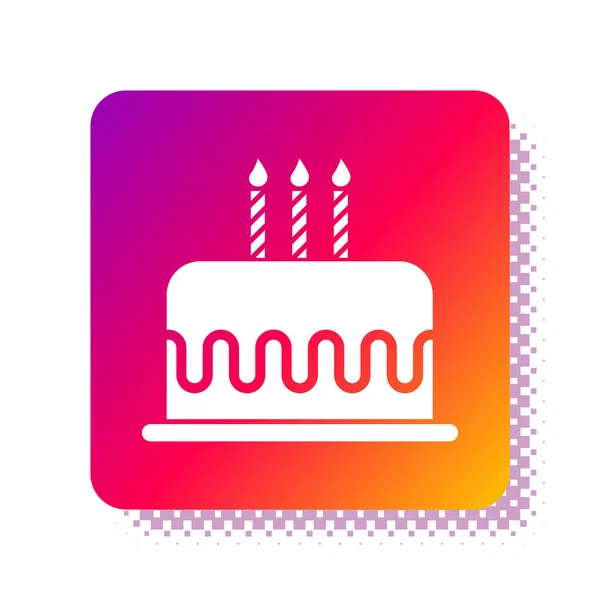 하얀 배경에 촛불 아이콘이 타고 있는 흰 케이크. 생일 축하 해. 네모난 색깔 버튼. 벡터 일러스트 — 스톡 벡터