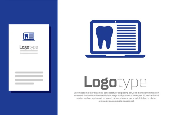 Blue Laptop with dental card or patient medical records icon isolated on white background. Dental insurance. Dental clinic report. Logo design template element. Vector Illustration — ストックベクタ