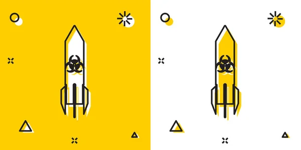 Ícone de foguete Black Biohazard isolado em fundo amarelo e branco. Uma bomba voa para baixo. Formas dinâmicas aleatórias. Ilustração vetorial — Vetor de Stock