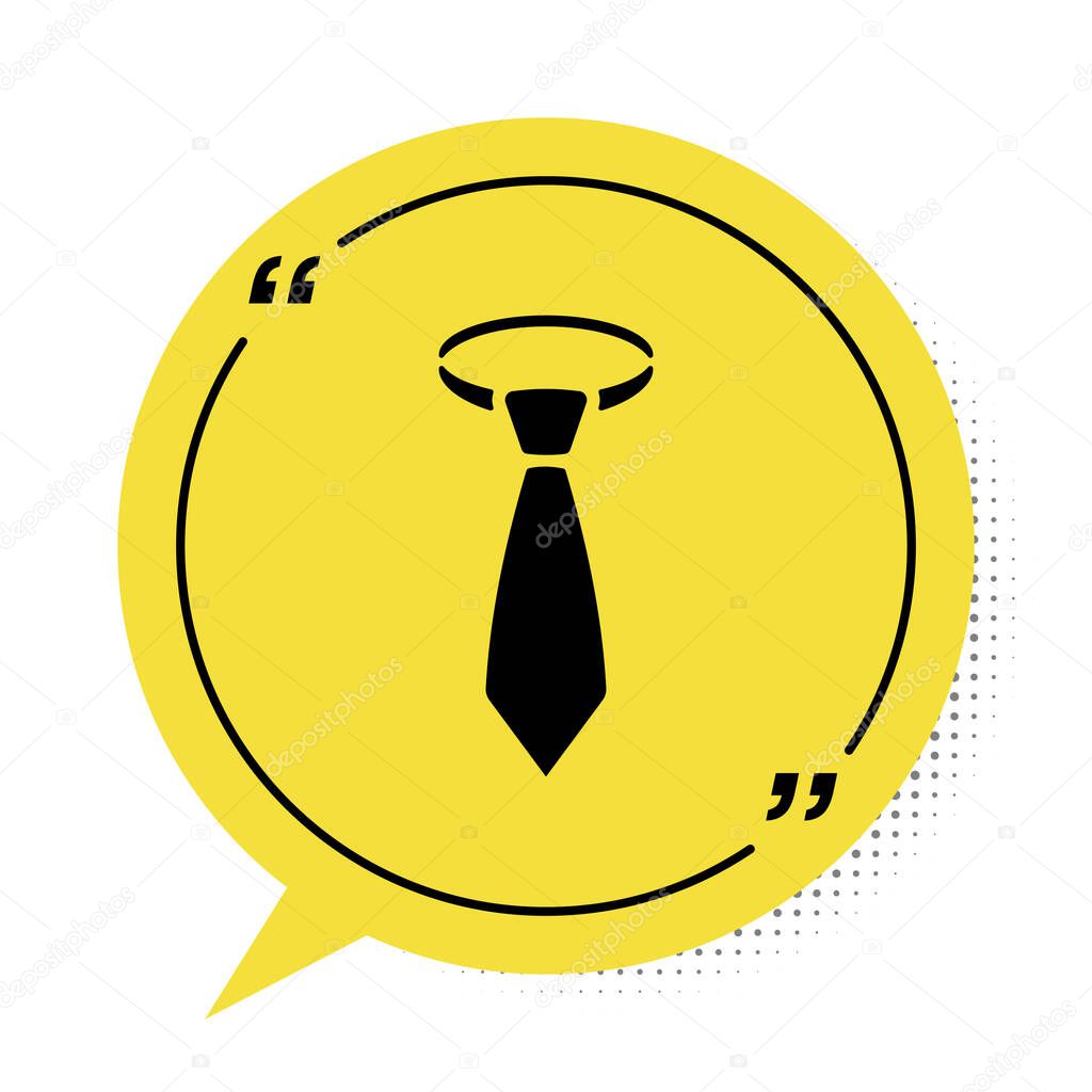 Black Tie icon isolated on white background. Necktie and neckcloth symbol. Yellow speech bubble symbol. Vector Illustration