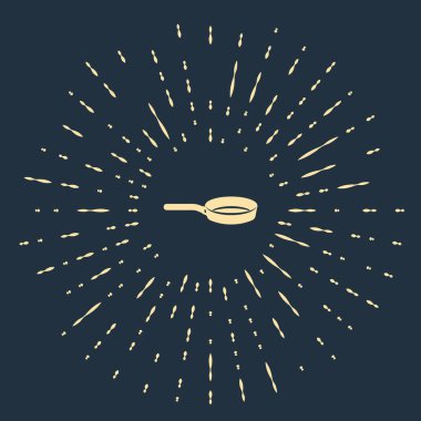 Koyu mavi arka planda izole edilmiş bej kızartma tavası simgesi. Kızartma veya kızartma gıda sembolü. Soyut çember rastgele noktalar. Vektör İllüstrasyonu