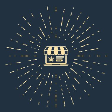 Koyu mavi arka planda izole edilmiş bej dizüstü bilgisayar ve tıbbi marihuana veya kenevir yaprağı ikonu. İnternetten satın alma sembolü. Süpermarket sepeti. Soyut çember rastgele noktalar. Vektör İllüstrasyonu