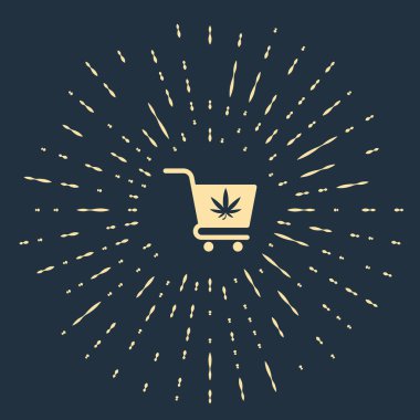 Esrarlı bej alışveriş arabası veya koyu mavi arka planda izole edilmiş kenevir yaprağı ikonu. İnternetten satın alma. Teslimat servisi. Süpermarket sepeti. Soyut çember rastgele noktalar. Vektör İllüstrasyonu