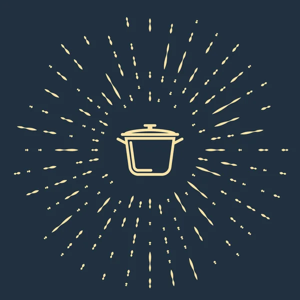 Ícone de panela de cozinha bege isolado no fundo azul escuro. Ferva ou guisado símbolo de comida. Pontos aleatórios de círculo abstrato. Ilustração vetorial —  Vetores de Stock