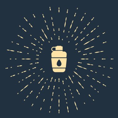 Koyu mavi arka planda izole edilmiş bej renkli matara ikonu. Turist matarası ikonu. Kampanyada bir kavanoz su kullanıldı. Soyut çember rastgele noktalar. Vektör İllüstrasyonu