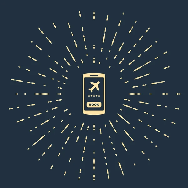Smartphone Beige con carta d'imbarco elettronica icona del biglietto aereo isolato su sfondo blu scuro. Biglietto aereo passeggeri mobile per web e app. Cerchi astratti puntini casuali. Illustrazione vettoriale — Vettoriale Stock