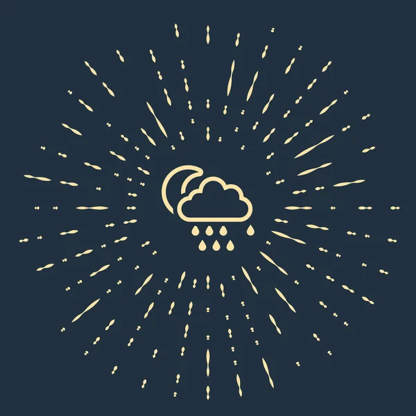 Beige Wolk met regen en maan pictogram geïsoleerd op donkerblauwe achtergrond. Regenwolk neerslag met regendruppels. Abstracte cirkel willekeurige stippen. Vector Illustratie — Stockvector