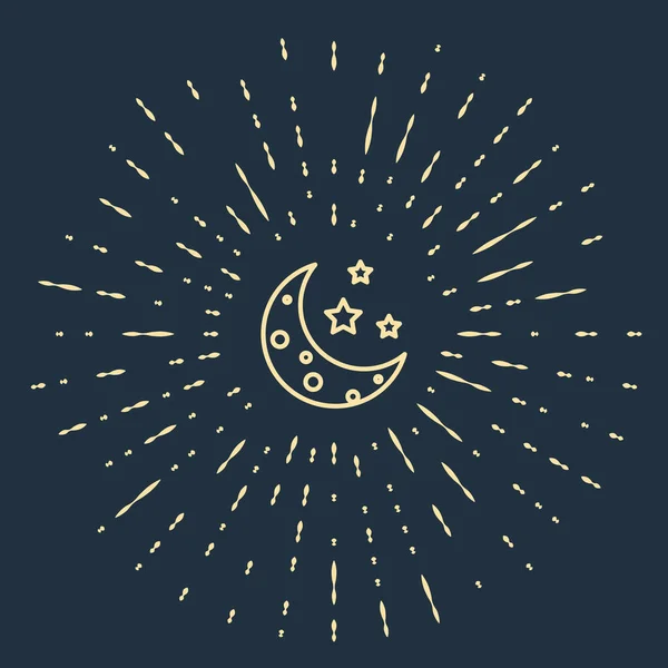 Luna beige y estrellas icono aislado sobre fondo azul oscuro. Puntos aleatorios de círculo abstracto. Ilustración vectorial — Vector de stock