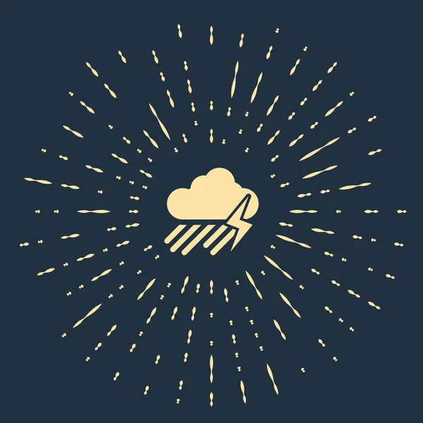 Beige Wolke mit Regen und Blitz-Symbol auf dunkelblauem Hintergrund. Regenwolken Niederschlag mit Regentropfen. Wettersymbol des Sturms. abstrakte Kreis zufällige Punkte. Vektorillustration — Stockvektor