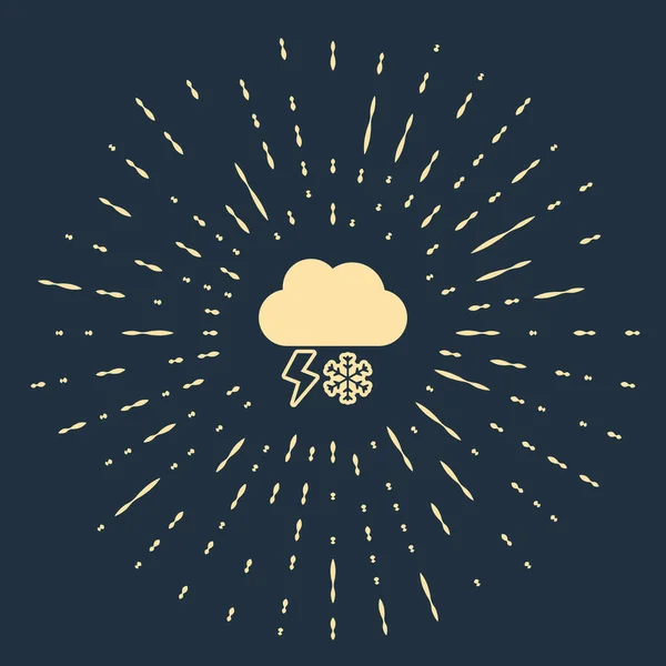 Nube beige con nieve y relámpago icono aislado sobre fondo azul oscuro. Nube con copos de nieve. Icono de tiempo único. Signo de niebla. Puntos aleatorios de círculo abstracto. Ilustración vectorial — Vector de stock