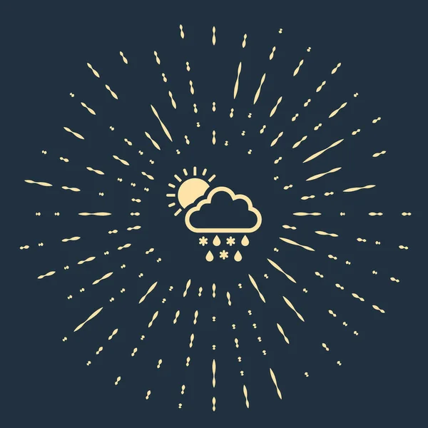 Beige Cloud with snow, rain and sun icon isolated on dark blue background. Weather icon. Abstract circle random dots. Vector Illustration — Stock Vector