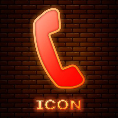 Parlak neon telefon cep telefonu simgesini tuğla duvar arka plan üzerinde izole. Telefon işareti. Vektör çizim